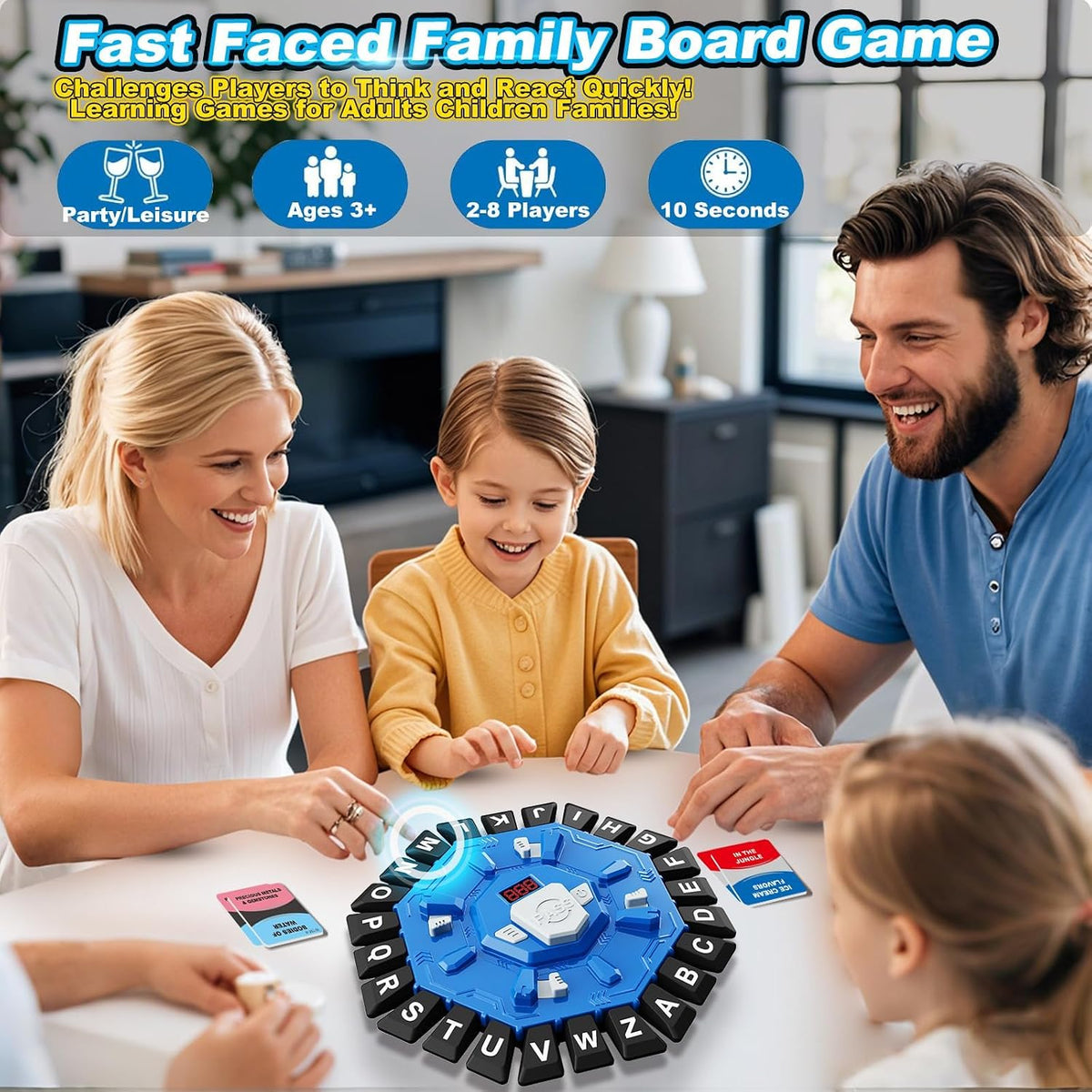 Happy Kiddo Family Word Board Game for Kids and Adults (2 Modes) – Features 220 Topic Categories, 24 Letters, Tactile Buttons, Fast-Paced Educational Fun, 35 Cards, and LCD Screen with Timer – Ideal Birthday or Holiday Gift (Blue)