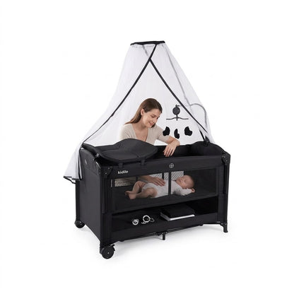 The Kidilo multifunctional travel cribin a stylish black finishwas designed specifically for every mother who prioritizes her children's comfort (Black).