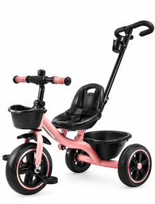 Children's tricycle featuring a push handle, safety seat, front basket, and rear storage space – pink and black