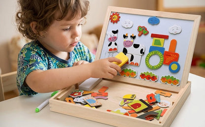 Magnetic Wooden Toy Box for Kids | Drawing Board and Animal & Farm Shape Assembly Set