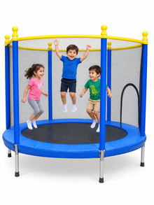 Royal Colorful Kids’ Trampoline (Blue and Yellow Design) – Turn your backyard into a playground of fun and bouncing! 🥳✨💙