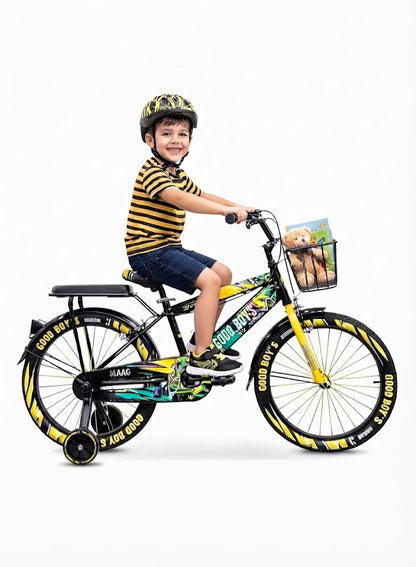 Good Boys 16-Inch Kids Bicycle with Training Wheels, Front Basket, and Rear Passenger Seat - Black & Yellow By Happy Kiddo