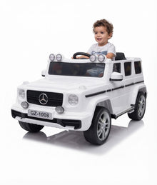 An electric MercedesG-Class  for children in white, featuring distinctive lighting—a realistic and fun driving experience White.