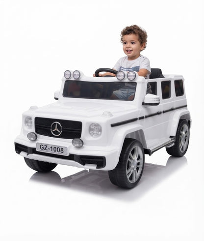 An electric MercedesG-Class  for children in white, featuring distinctive lighting—a realistic and fun driving experience White.