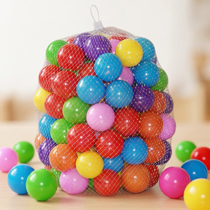 A set of 100 colorful play balls from Happy Kiddo, specially designed to fill children's ball pits, plastic pools, and ball houses.