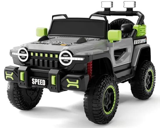 An electric 4WD Jeep for children featuring a bold, sporty design in gray and black, complete with distinctive LED lights.