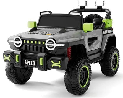 An electric 4WD Jeep for children featuring a bold, sporty design in gray and black, complete with distinctive LED lights.