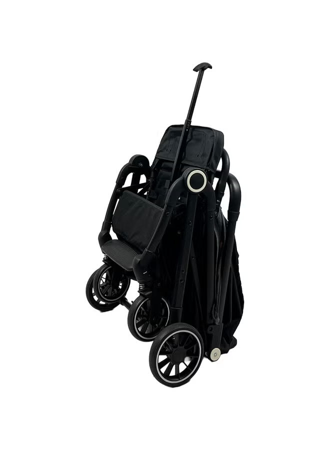 Foldable and lightweight baby stroller with flexible wheels and a protective canopy, black color