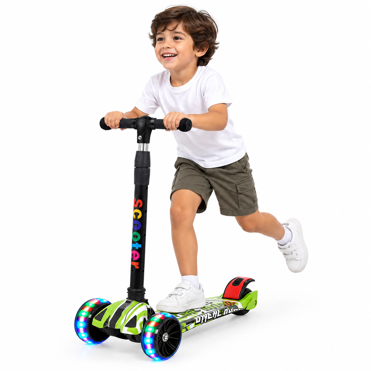 Modern 3-Wheel Kids Scooter - LED Lights - green