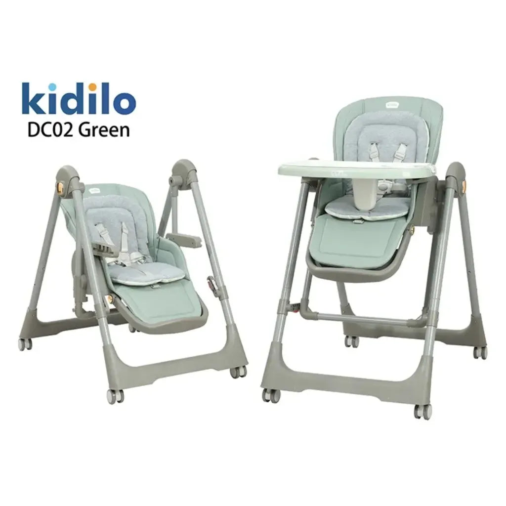 Kidlio 3-in-1 Height-Adjustable Baby High Chair and Rocker with Footrest – A versatile chair (high chair and rocker) featuring an adjustable backrest and removable tray; color: green.