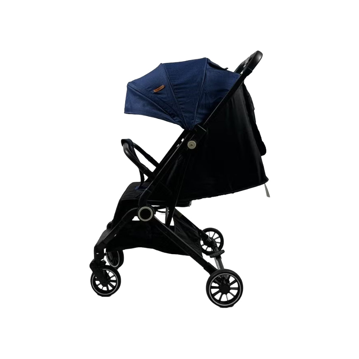 Foldable and lightweight baby stroller -flexible wheels and a protective canopy, blue
