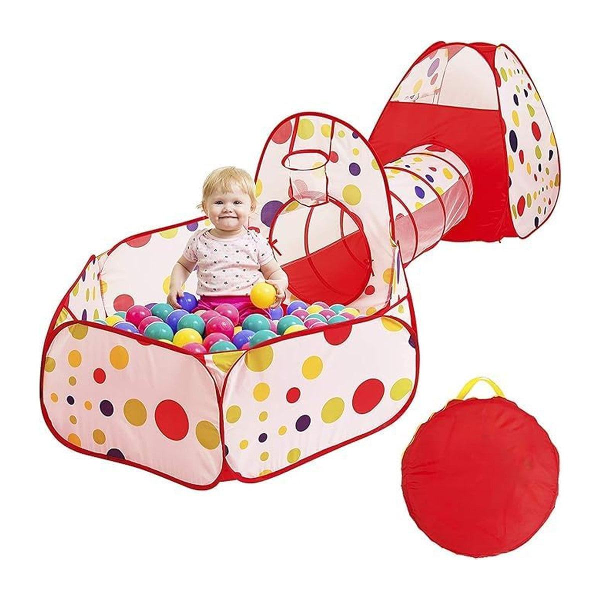 KIDSZONE 3-in-1 Play Tent with Tunnel & Ball Pool – Red