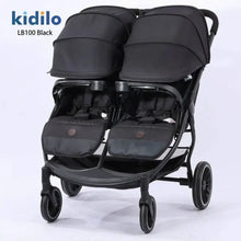 Kidilo LB100 double stroller features two comfortable seats equipped with safety harnesses, an under-seat storage basket, and agile wheels for easy maneuverability