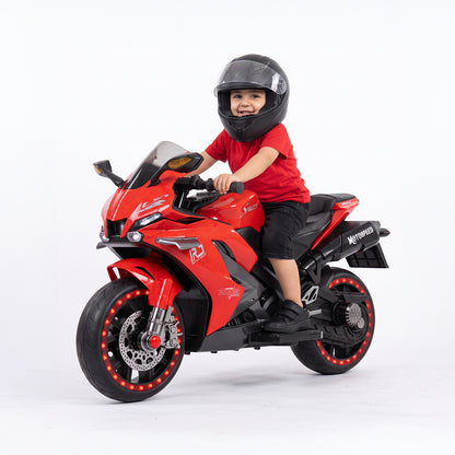The perfect gift for playtime: a red electric motorcycle for kids from Happy Kiddo, featuring headlights, dazzling lights, and a stylish helmet.