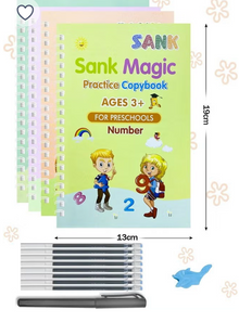 Magic Reusable Writing Workbook Set | 4 Writing Practice Books | 5 Refills | Pen Holder & Writing Aid