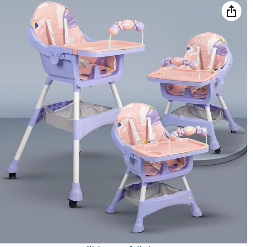 TOYS-EGYPT S360 Convertible Baby High Chair | Adjustable Height & Footrest | Tray & Wheels | Safety Belt | Pink/Purple