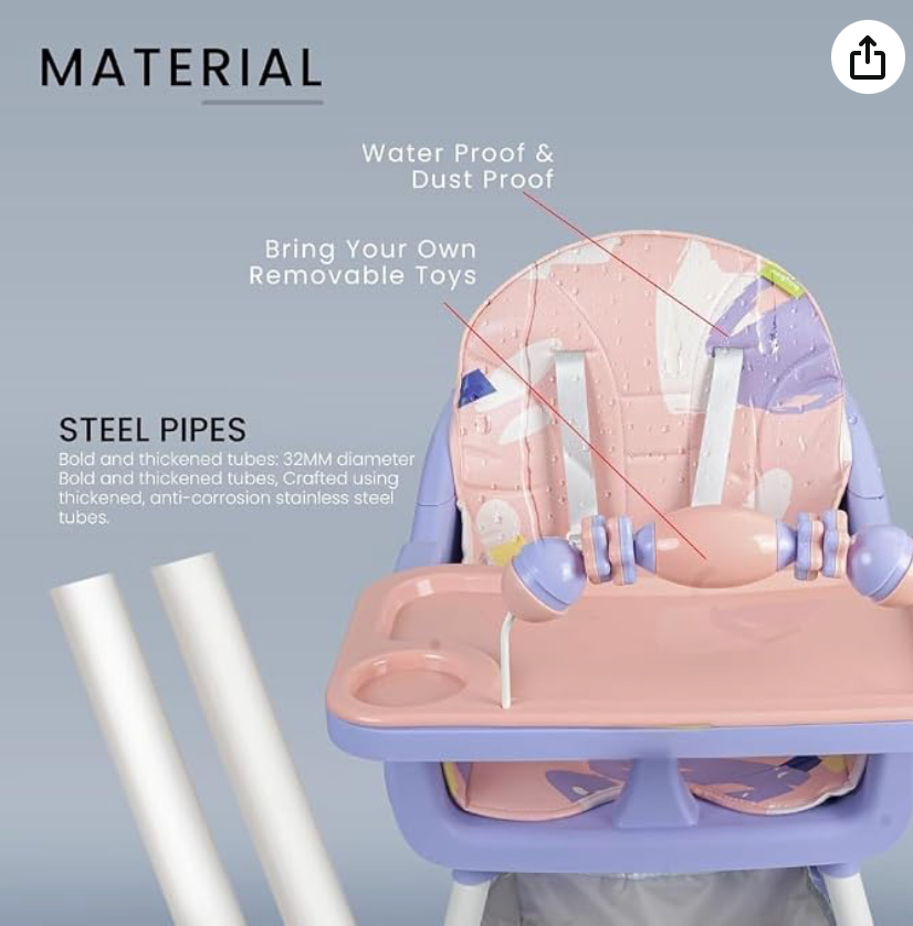 TOYS-EGYPT S360 Convertible Baby High Chair | Adjustable Height & Footrest | Tray & Wheels | Safety Belt | Pink/Purple