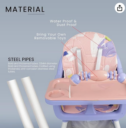 TOYS-EGYPT S360 Convertible Baby High Chair | Adjustable Height & Footrest | Tray & Wheels | Safety Belt | Pink/Purple