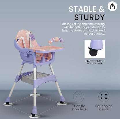TOYS-EGYPT S360 Convertible Baby High Chair | Adjustable Height & Footrest | Tray & Wheels | Safety Belt | Pink/Purple