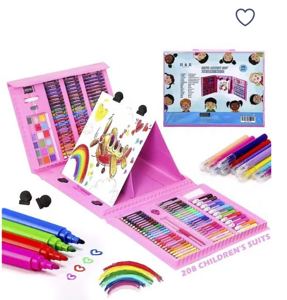 208-Piece Art Set | Trifold Easel | Oil Pastels & Crayons | Pink