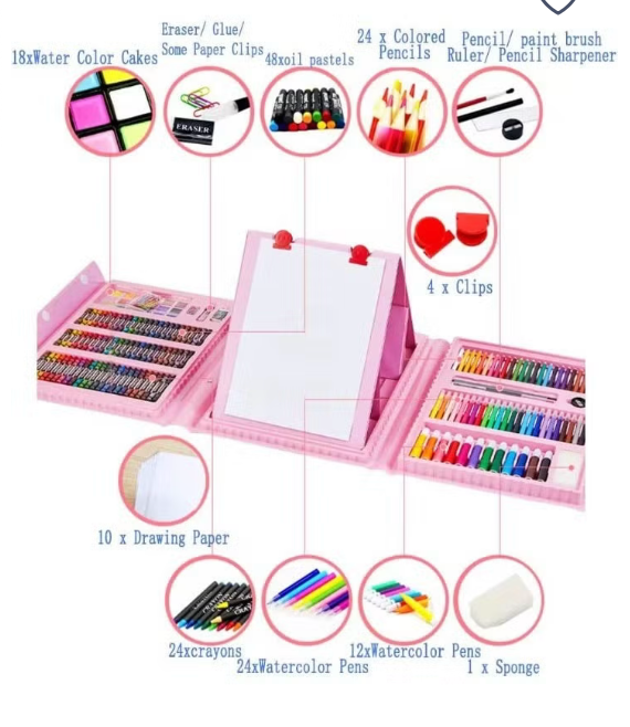 208-Piece Art Set | Trifold Easel | Oil Pastels & Crayons | Pink