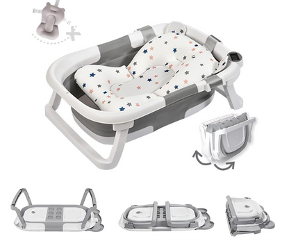 Collapsible Baby Bathtub | Thermometer | Newborn–Toddler (0–24 Months) | Grey- with bath bomb gift
