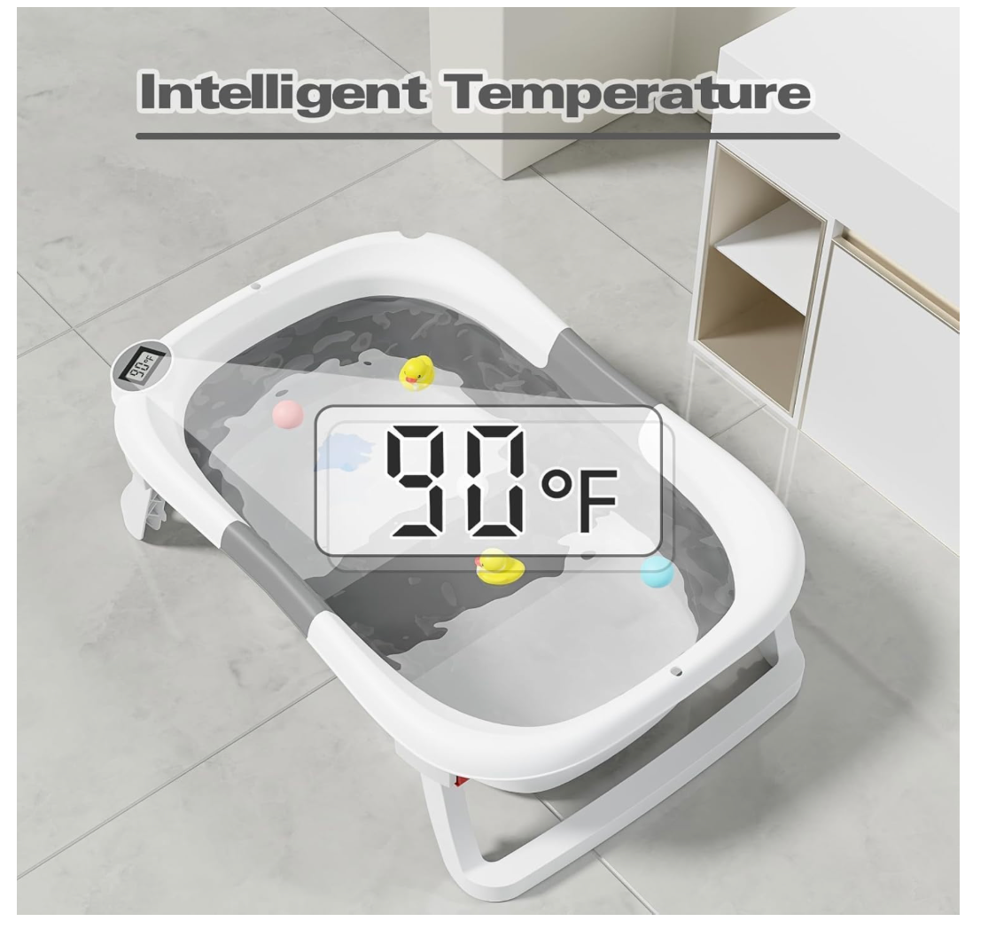 Collapsible Baby Bathtub | Thermometer | Newborn–Toddler (0–24 Months) | Grey- with bath bomb gift