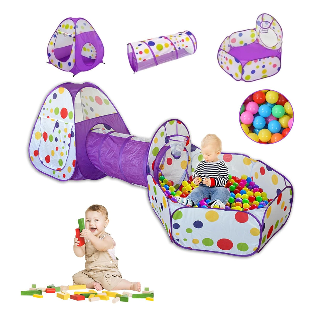 Tucorresi 3-in-1 Kids Play Tent with Tunnel – Purple