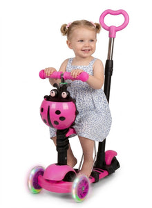 Happy Kiddo Magic Scooter for Kids 🛴✨ – Cute ladybug design with a push handle and wheels that light up while moving PINK !