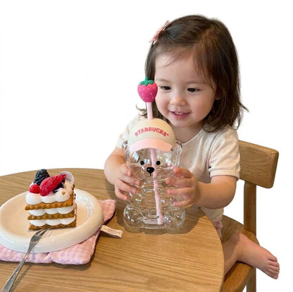 🍓 Cute Teddy Bear Bottle/Cup with a Strawberry Straw! From Happy Kiddo 🍓