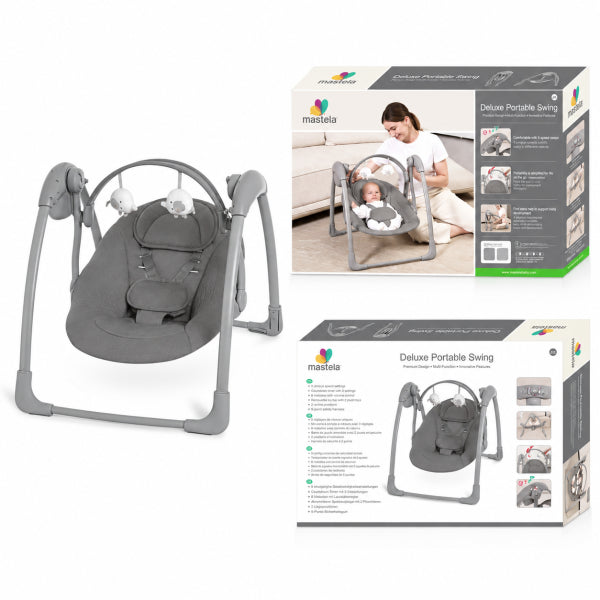 Mastela portable grey baby swing featuring a compact, foldable design, adjustable hanging toys, and a chevron-patterned seat for your baby's comfort and safety.