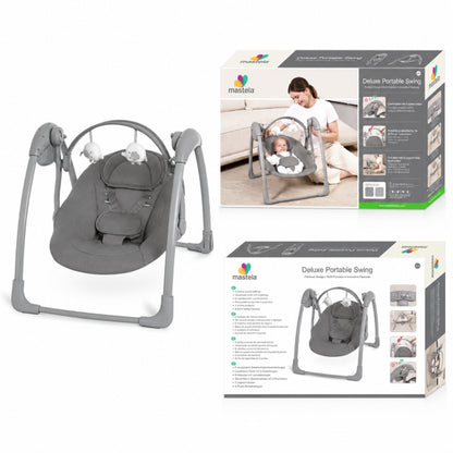 Mastela portable grey baby swing featuring a compact, foldable design, adjustable hanging toys, and a chevron-patterned seat for your baby's comfort and safety.