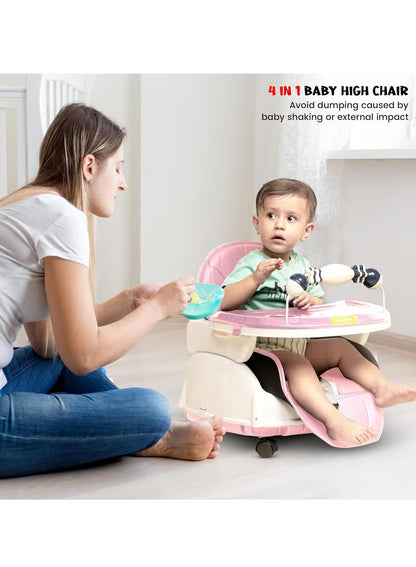Happy Kiddo 4-in-1 Convertible High Chair for Kids – Features adjustable height and footrest to enhance toddler feeding; includes tray, wheels, safety harness, and cushion; suitable for ages 6 months to 4 years (Pink).