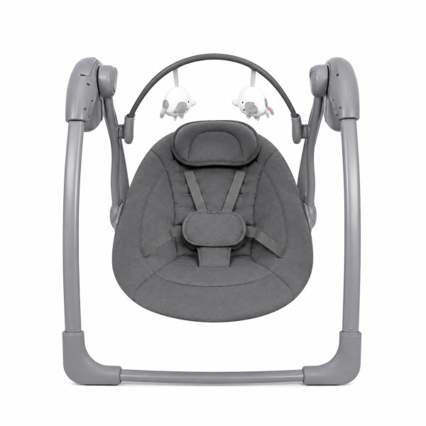 Mastela portable grey baby swing featuring a compact, foldable design, adjustable hanging toys, and a chevron-patterned seat for your baby's comfort and safety.