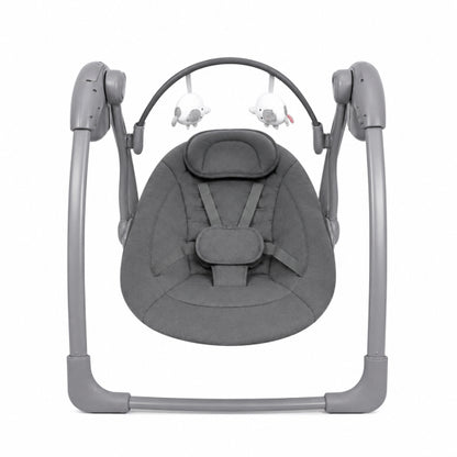 Mastela portable grey baby swing featuring a compact, foldable design, adjustable hanging toys, and a chevron-patterned seat for your baby's comfort and safety.