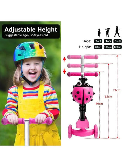 Happy Kiddo Magic Scooter for Kids 🛴✨ – Cute ladybug design with a push handle and wheels that light up while moving PINK !