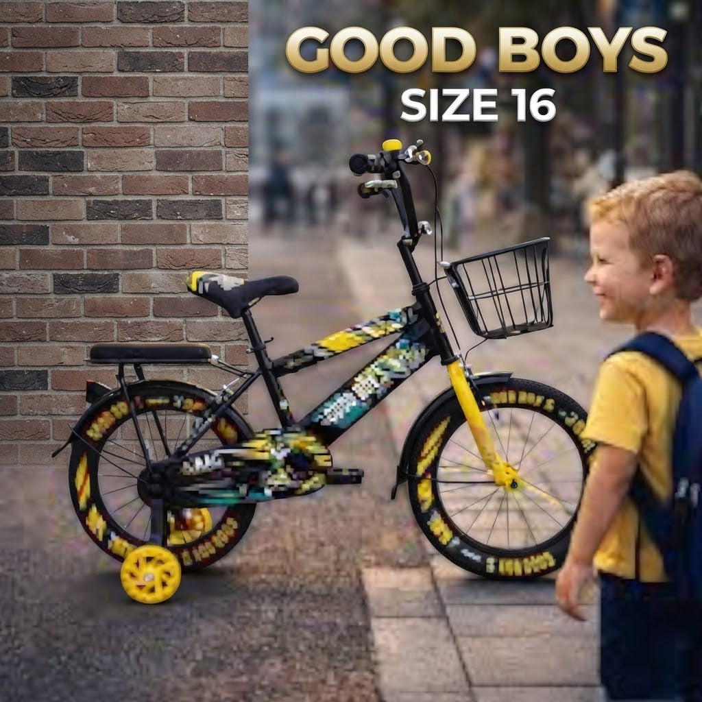 Good Boys 16-Inch Kids Bicycle with Training Wheels, Front Basket, and Rear Passenger Seat - Black & Yellow By Happy Kiddo