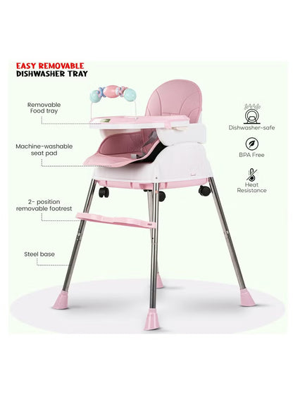 Happy Kiddo 4-in-1 Convertible High Chair for Kids – Features adjustable height and footrest to enhance toddler feeding; includes tray, wheels, safety harness, and cushion; suitable for ages 6 months to 4 years (Pink).