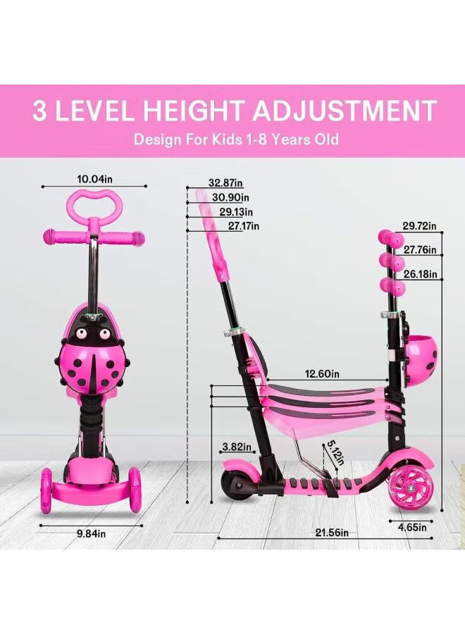 Happy Kiddo Magic Scooter for Kids 🛴✨ – Cute ladybug design with a push handle and wheels that light up while moving PINK !