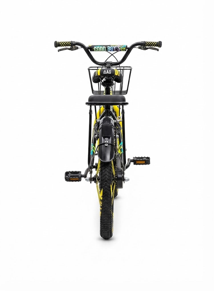 Good Boys 16-Inch Kids Bicycle with Training Wheels, Front Basket, and Rear Passenger Seat - Black & Yellow By Happy Kiddo
