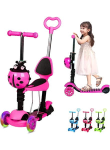 Happy Kiddo Magic Scooter for Kids 🛴✨ – Cute ladybug design with a push handle and wheels that light up while moving PINK !
