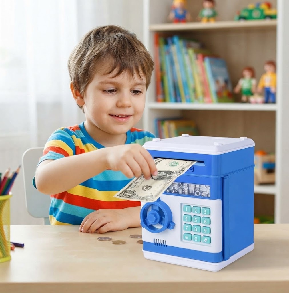 A safe coin bank toy—a perfect birthday gift for boys and girls aged 3 to 12. This fun toy features an ATM-style design with a bank card and cash slot, serving as an electronic coin bank for kids from Happy Kiddo.