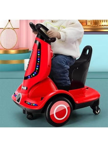 Kids' electric scooter with 4 wheels, 360-degree rotation, and LED lights – 6V rechargeable battery – Red color