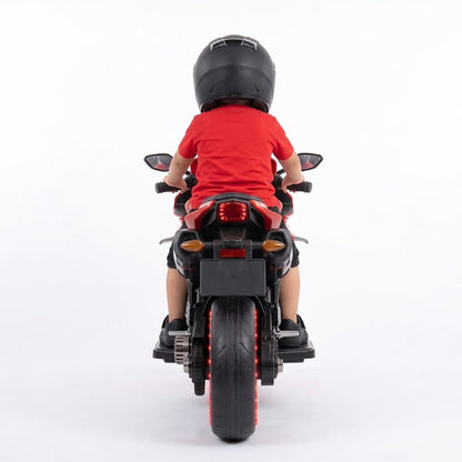 The perfect gift for playtime: a red electric motorcycle for kids from Happy Kiddo, featuring headlights, dazzling lights, and a stylish helmet.