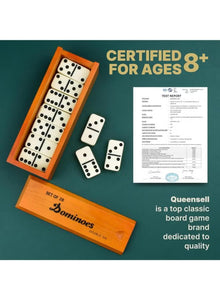 A domino set brought to you by Happy Kiddo for fun-filled entertainment—a 28-piece ivory-colored set (Double-Six style), a classic number-based tabletop game, complete with a wooden box for storage and transport (suitable for 2 to 4 players).
