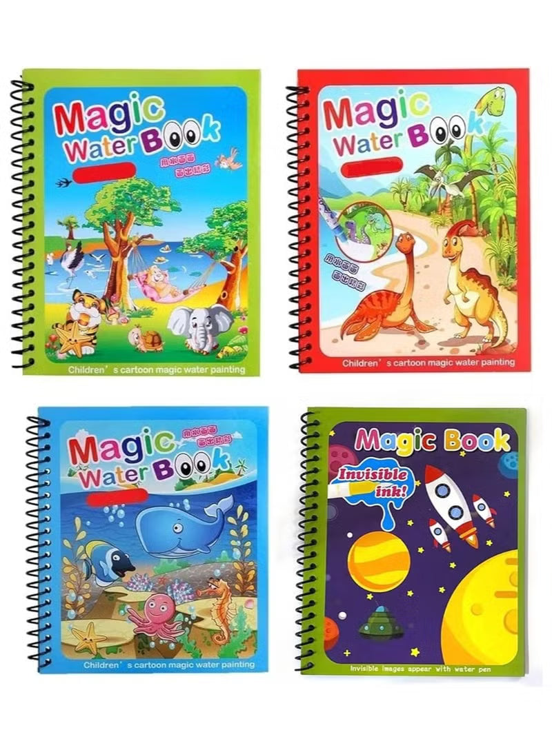 Magical Watercolor Book for Kids, Endless Fun with Water (Pack of 4 Books) Reusable Watercolor Painting Board with Large Water Pen, Aqua Doodle Birthday Gift