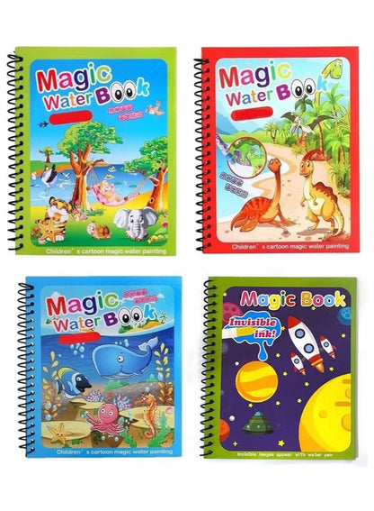 Magical Watercolor Book for Kids, Endless Fun with Water (Pack of 4 Books) Reusable Watercolor Painting Board with Large Water Pen, Aqua Doodle Birthday Gift