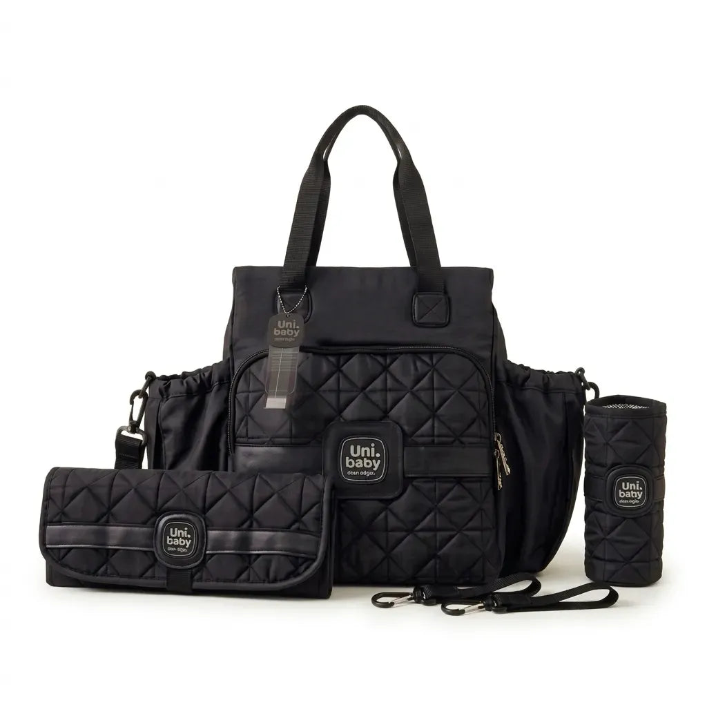 Uni. Baby Diaper Bag Set – Stylish Black Baby Nappy Bag with Changing Mat and Bottle Holder