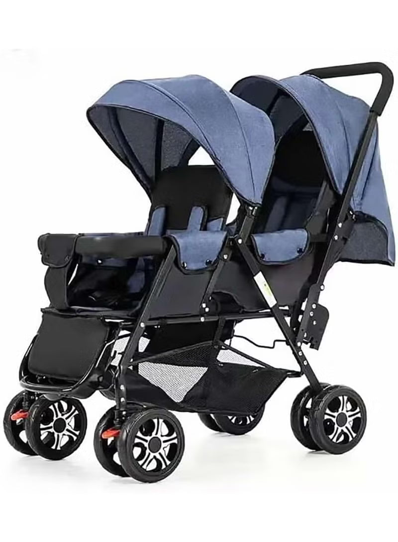 Double Twin Baby Stroller | 360° Wheels | 0–3 Years | Blue
