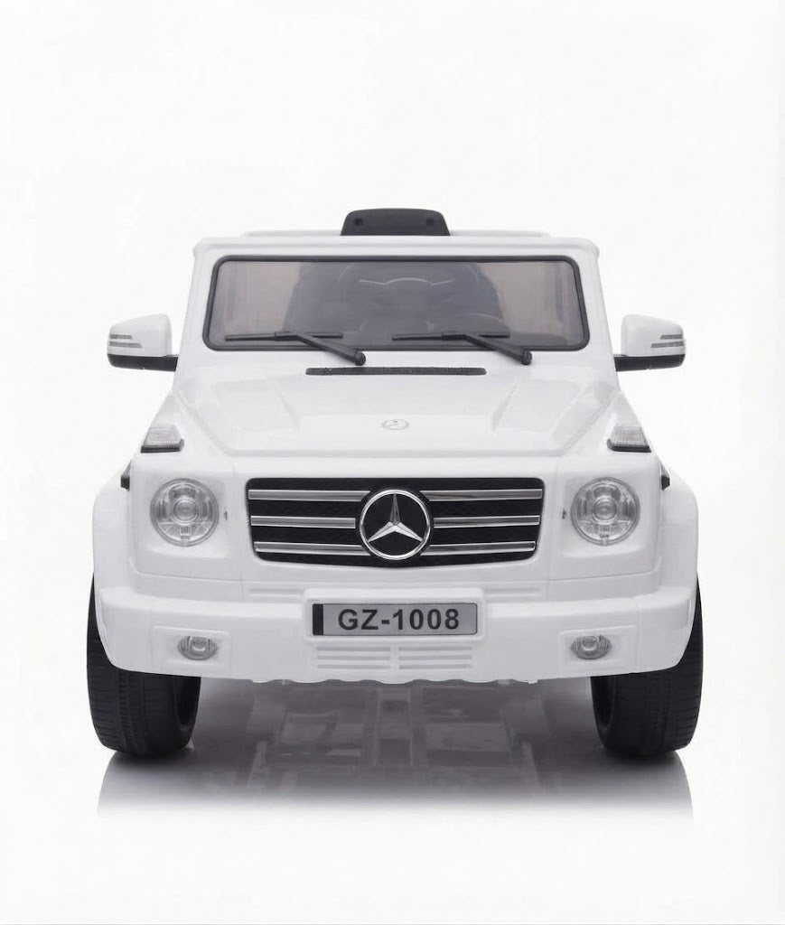 An electric MercedesG-Class  for children in white, featuring distinctive lighting—a realistic and fun driving experience White.